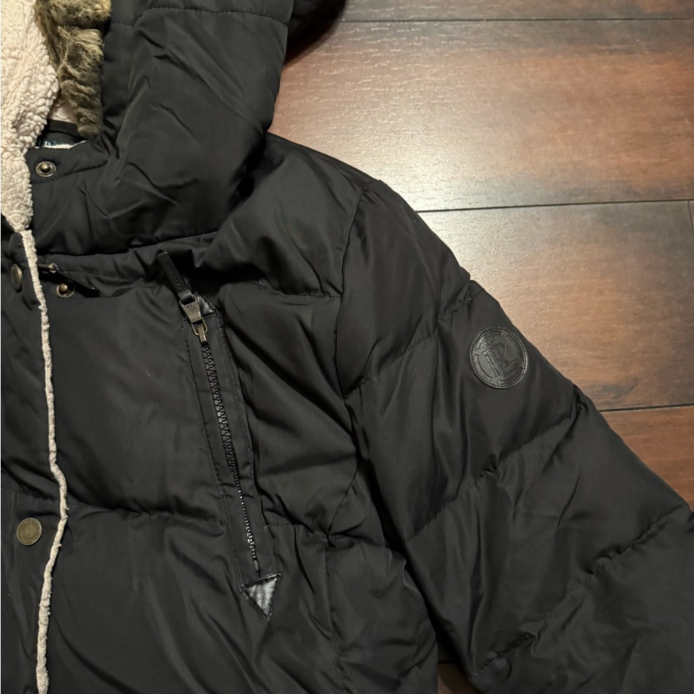 Lauren Ralph Lauren Black Puffer Jacket with Faux Fur Hood - Picture 3 of 7